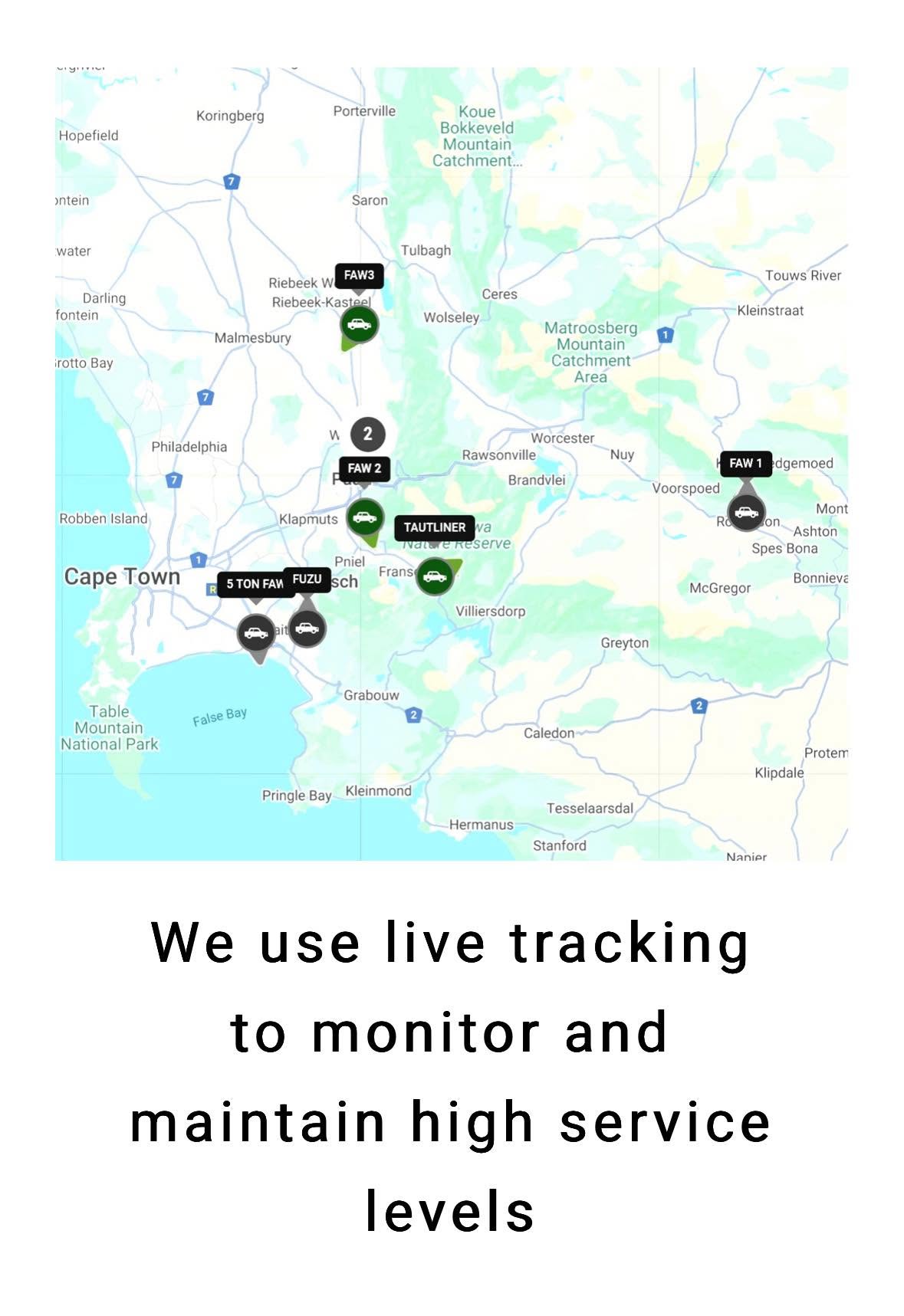 Live fleet tracking map showing truck locations around the Western Cape
